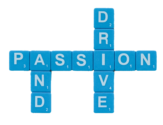 blue letter scrabble tiles with white text that reads "passion and drive"