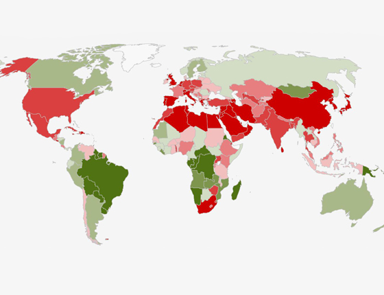 world map showing countries' ecological deficits or reserves