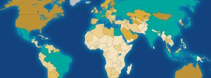 gold, turquoise and blue world map